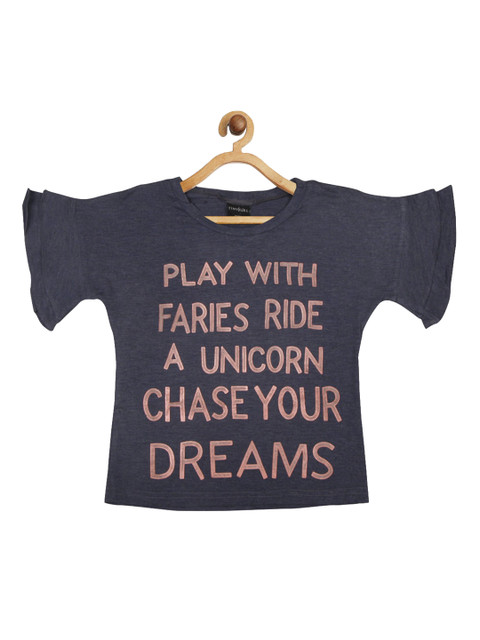 

Tiny Girl Navy Blue & Pink Typography Printed Bell Sleeves Regular Top