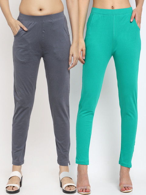 

NEUDIS Women Pack of 2 Teal Blue & Grey Lycra Cotton Ankle Length Leggings