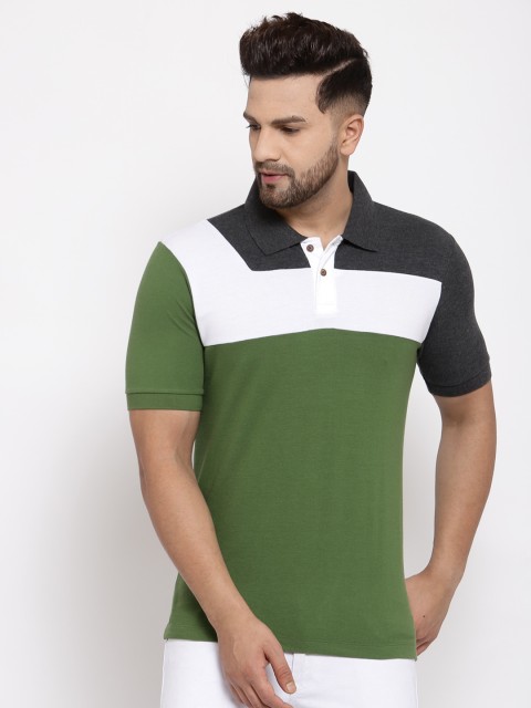 

Kalt Men Olive Green & White Colourblocked Polo Collar T-shirt