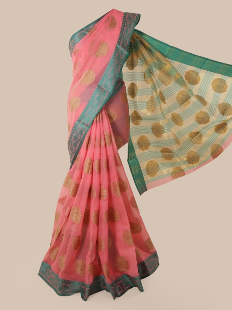 

Pothys Pink & Gold-Toned Cotton Blend Woven Design Chanderi Saree