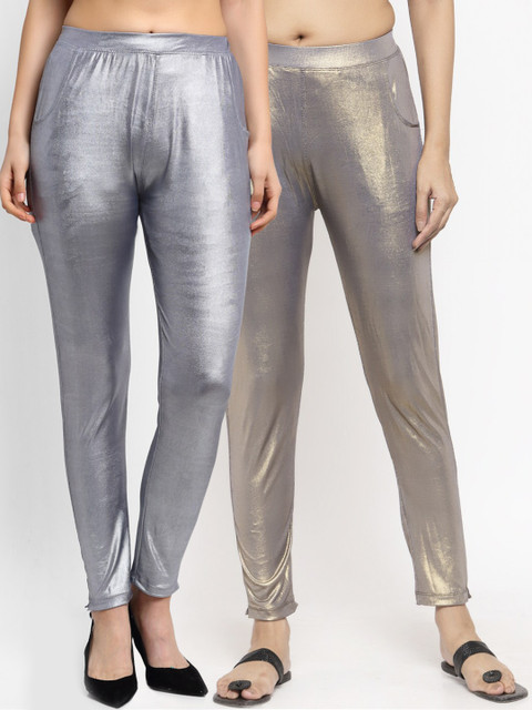 

NEUDIS Women Pack Of 2 Solid Ankle-Length Shimmer Leggings, Brown