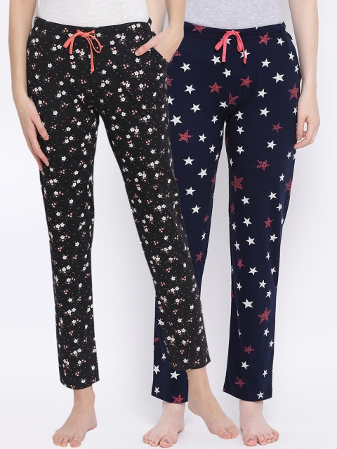

Kanvin Women Pack of 2 Printed Pure Cotton Lounge Pants, Black