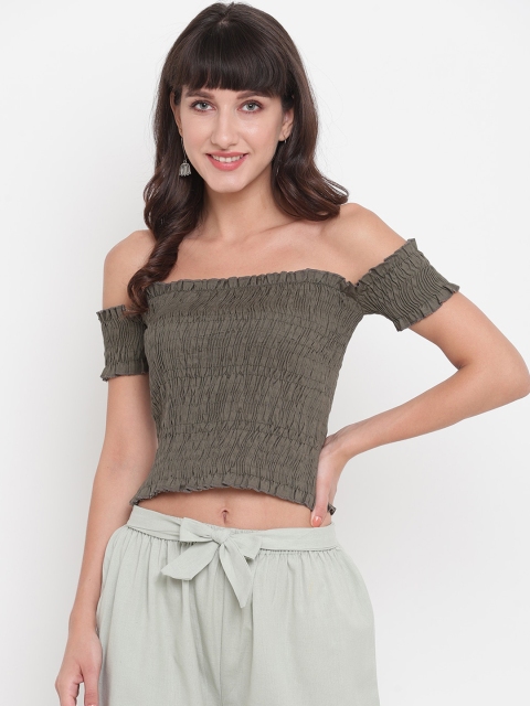 

Aawari Green Off-Shoulder Smocked Bardot Crop Top