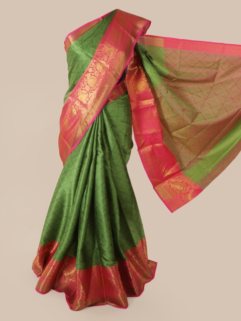 

Pothys Green & Red Cotton Blend Woven Design Chanderi Saree