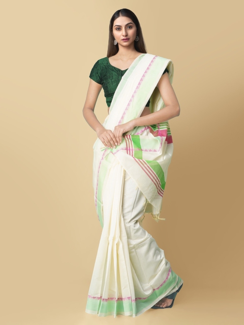 

Unnati Silks Cream-Coloured & Green Pure Cotton Solid Kanjeevaram Handloom Saree
