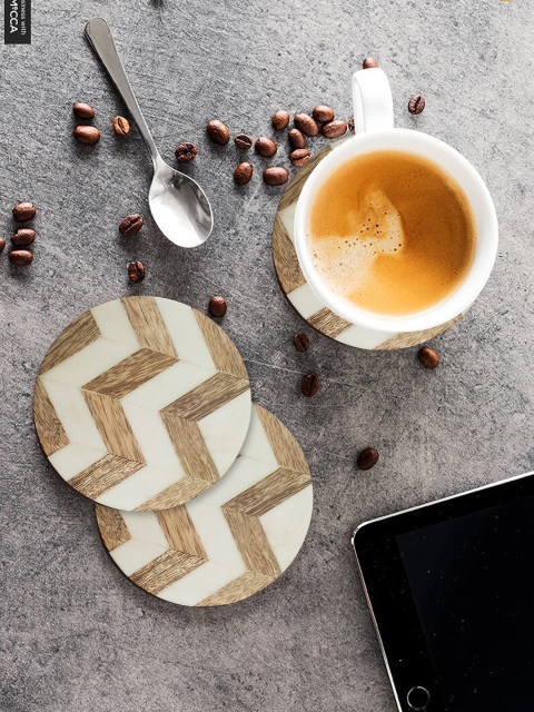 

nestroots Set of 5 White & Brown Chevron Round Coasters