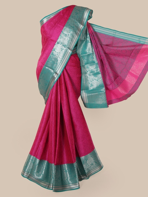 

Pothys Pink & Green Cotton Blend Printed Chanderi Saree
