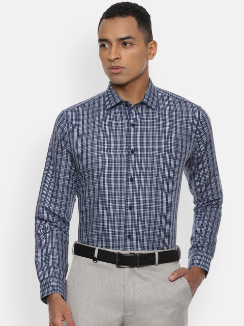 

Van Heusen Men Navy Blue & White Checked Cotton Linen Slim Fit Formal Shirt