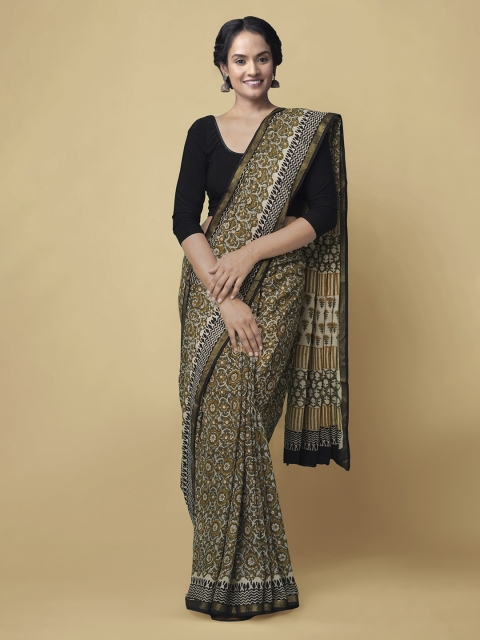 

Unnati Silks Green & Off-White Pure Cotton Printed Bagru Saree