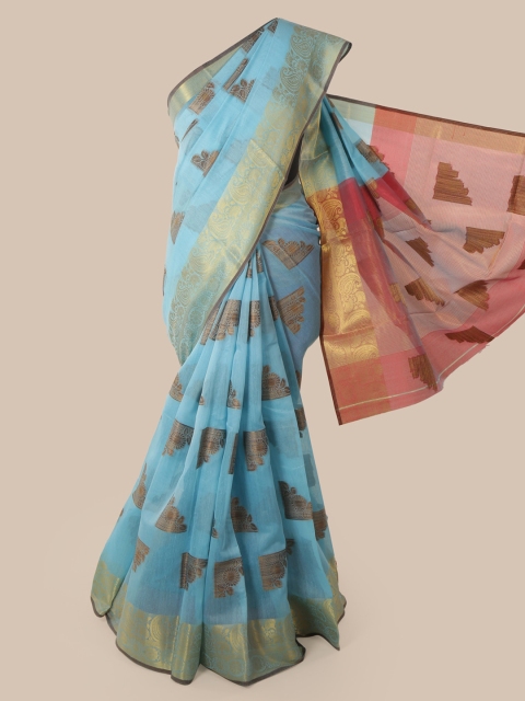 

Pothys Blue & Gold-Toned Cotton Blend Woven Design Chanderi Saree