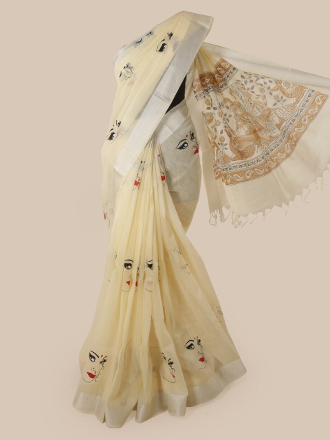 

Pothys Cream-Coloured Cotton Blend Printed Chanderi Saree
