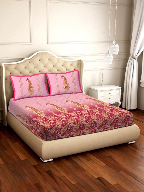 

BELLA CASA Pink & Brown Ethnic Motifs 300 TC Cotton 1 King Bedsheet with 2 Pillow Covers