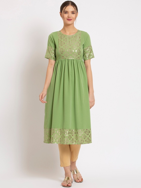 

ALC Creations Women Green Ethnic Motifs Yoke Design Chikankari Crepe Kurta