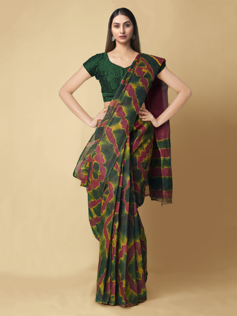

Unnati Silks Green & Maroon Pure Cotton Printed Kota Handloom Saree