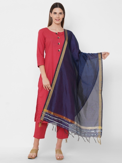 

Get Wrapped Polyester Gold Border Blue Dupatta with Embroidery, Navy blue