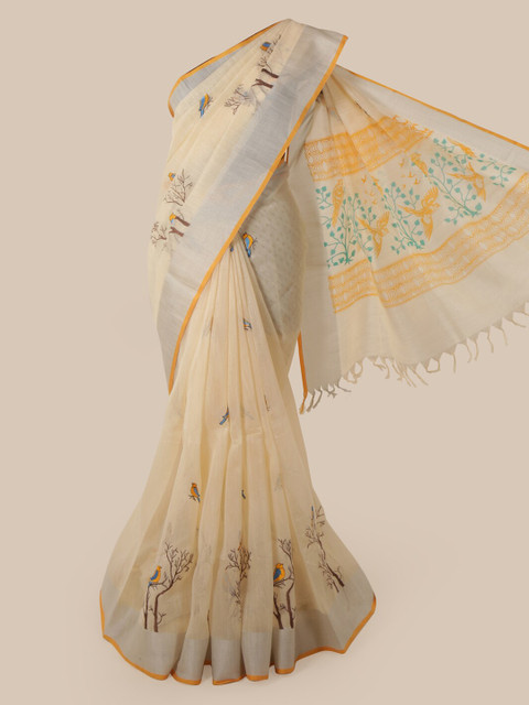 

Pothys Cream-Coloured & Yellow Cotton Blend Woven Design Chanderi Saree