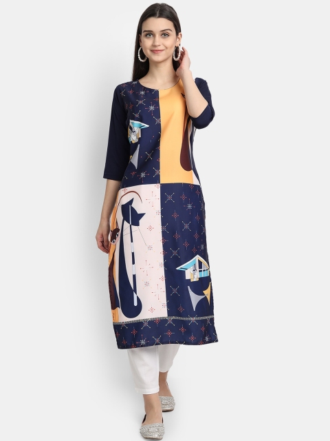 

Ethnic basket Women Navy Blue & Yellow Printed Crepe Kurta
