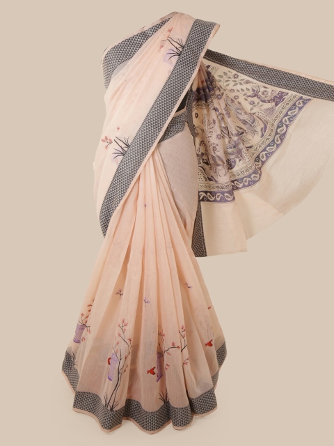 

Pothys Beige Cotton Blend Embroidered Chanderi Saree