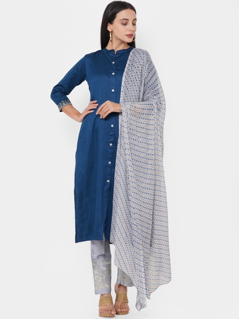 

FASHOR Women Teal & Grey Empire A-Line Kurta & Trousers With Dupatta