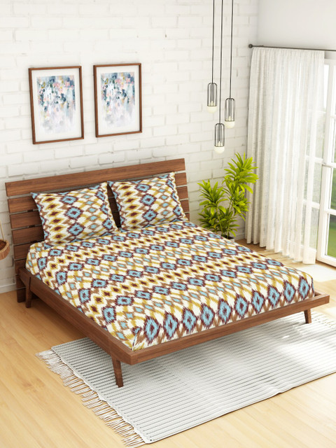 

CORE Designed by SPACES Yellow & Brown Geometric 104 TC Cotton 1 Queen Bedsheet with 2 Pillow Covers