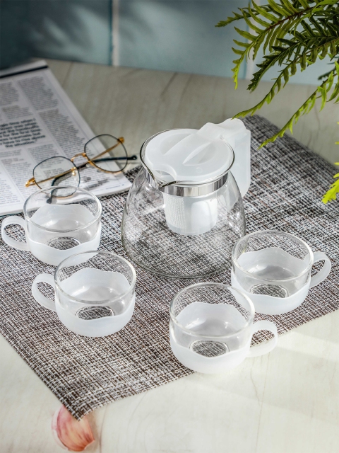 

YOYOSO Set of 5 White & Transparent Solid Glass Tea Pot & Cups