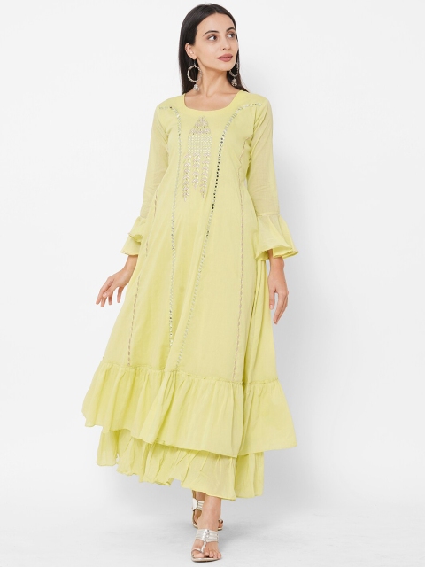 

FASHOR Women Lime Green Solid Handcrafted Mirror-Work Layered Maxi Dress
