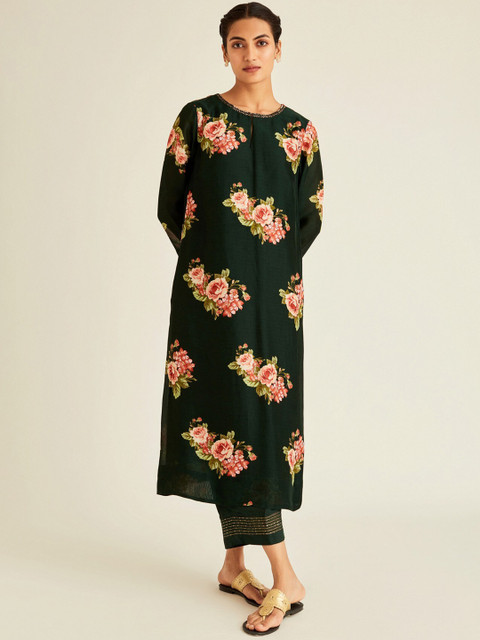 

Ancestry Women Green & Pink Floral Printed Kurta