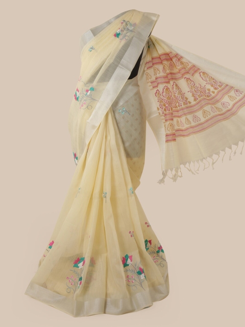 

Pothys Cream-Coloured Cotton Blend Embroidered Chanderi Saree
