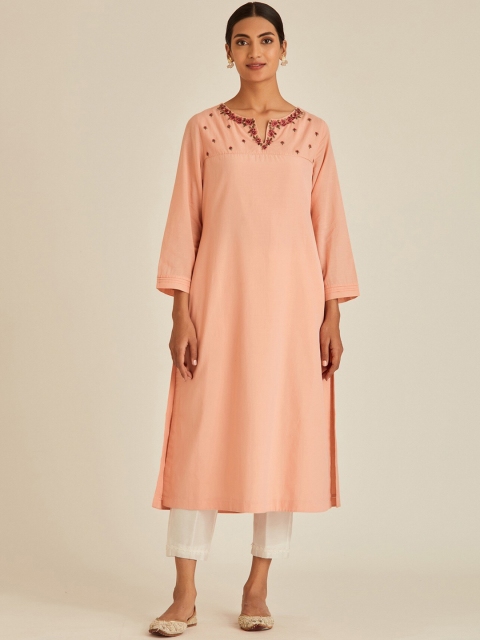 

Ancestry Women Peach-Coloured Floral Yoke Design Flared Sleeves Thread Work Kurta