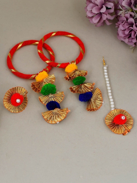 

Silvermerc Designs Rhodium-Plated Red & Gold-Toned Gota Patti Tasselled Jewellery Set