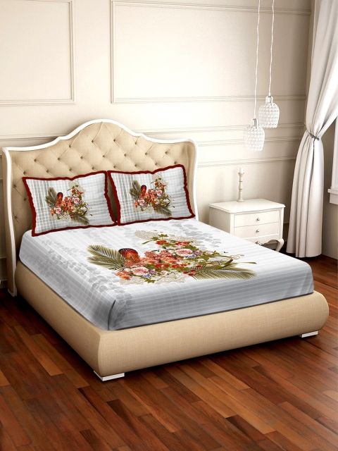 

BELLA CASA White & Green Floral 300 TC Cotton 1 King Bedsheet with 2 Pillow Covers