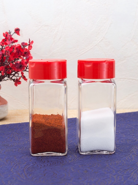 

WISHTANK Set Of 2 Transparent & Red Glass Salt & Pepper Shakers 140 ml