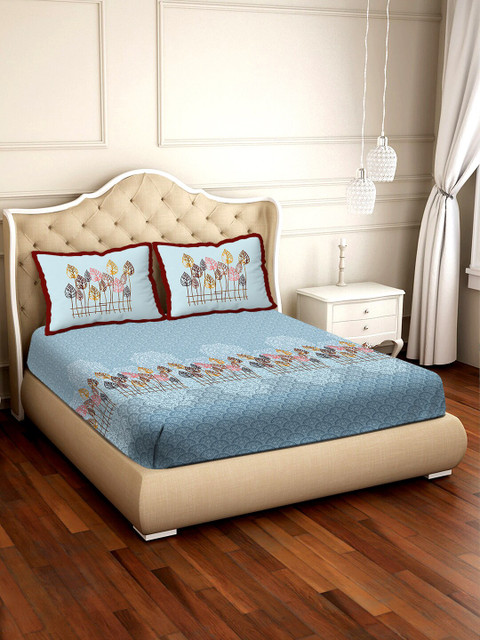 

BELLA CASA Blue & Pink Floral 300 TC Cotton 1 King Bedsheet with 2 Pillow Covers