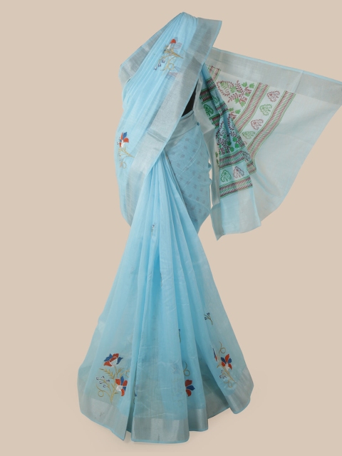 

Pothys Blue Cotton Blend Embroidered Chanderi Saree