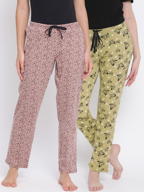 

Kanvin Women Pack of 2 Printed Pure Cotton Lounge Pants, Mustard