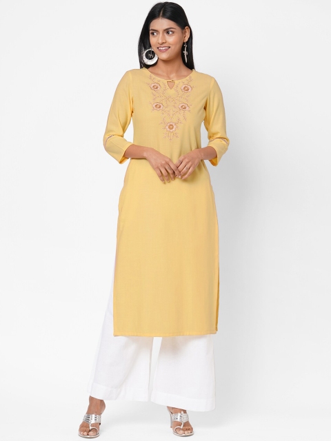 

Os Women Yellow Floral Yoke Design Keyhole Neck Kurta
