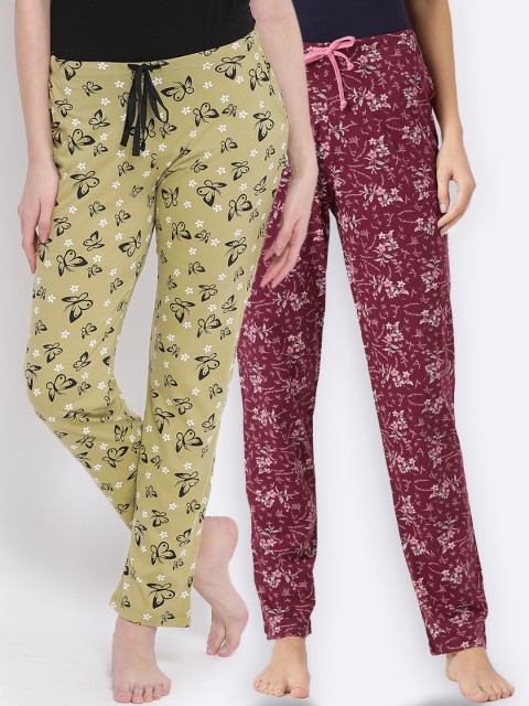 

Kanvin Women Pack of 2 Printed Pure Cotton Lounge Pants, Mustard