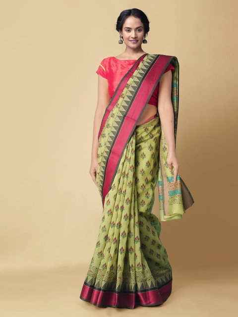 

Unnati Silks Green Silk Cotton Printed Chanderi Saree