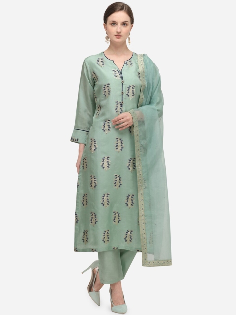 

Seerat Women Green Panelled A-Line Pure Silk Jacquard Kurta & Palazzos With Dupatta