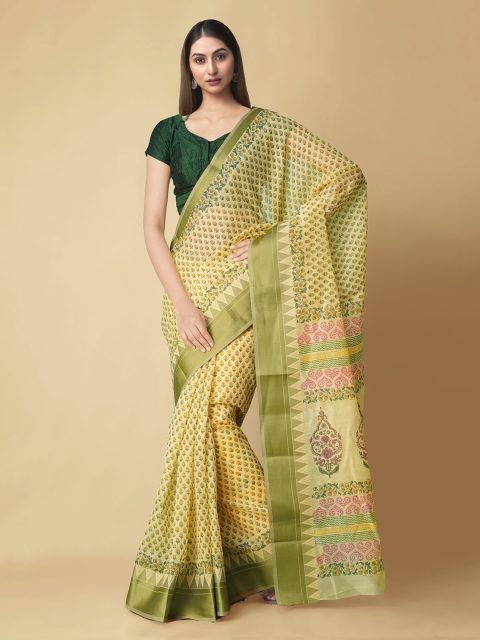 

Unnati Silks Yellow Printed Chanderi Saree