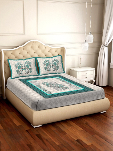 

BELLA CASA White & Grey Floral 300 TC Cotton 1 King Bedsheet with 2 Pillow Covers