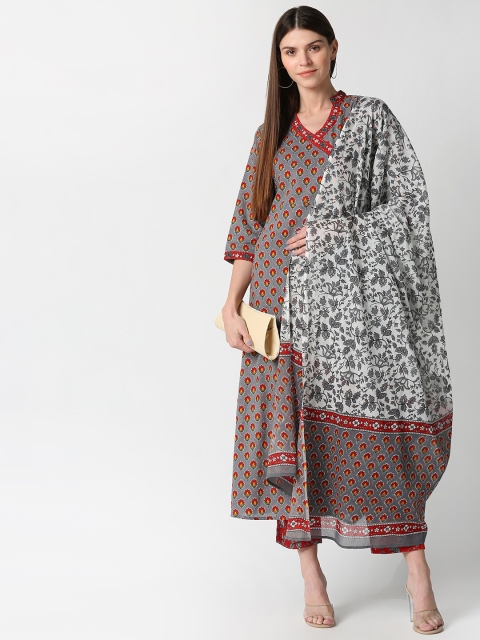 

mokshi Women Grey & Red Ethnic Motifs Printed Angrakha A-Line Pure Cotton Kurta Sets