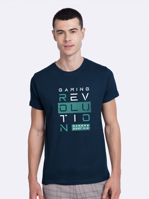 

Bewakoof Men Navy Blue & Green Printed Round Neck T-shirt