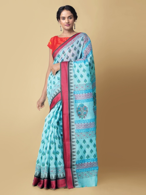 

Unnati Silks Blue Silk Cotton Printed Chanderi Handloom Sustainable Saree