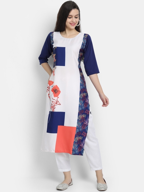 

Ethnic basket Women White & Blue Floral Printed Crepe Kurta