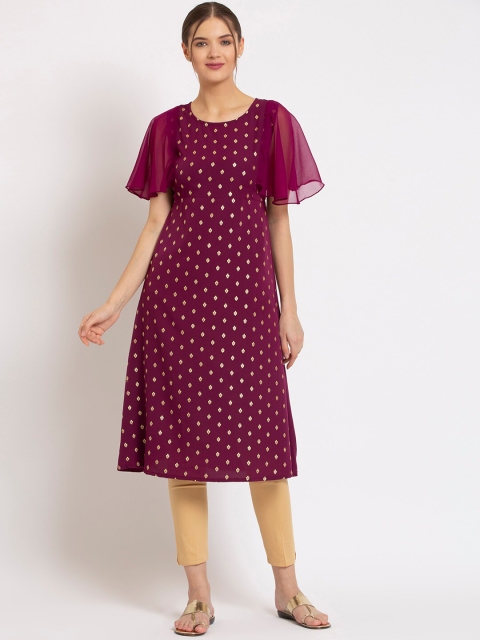 

ALC Creations Women Purple & Gold-Toned Floral Printed Flared Sleeves Crepe Kurta