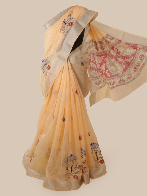 

Pothys Peach-Coloured Cotton Blend Embroidered Chanderi Saree