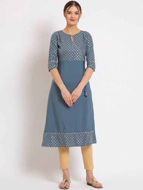 

ALC Creations Women Grey Geometric Yoke Design Keyhole Neck Crepe Kurta