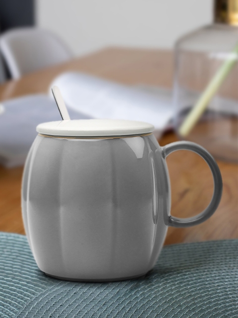 

Bigsmall Grey Textured Ceramic Mug with Lid & Spoon