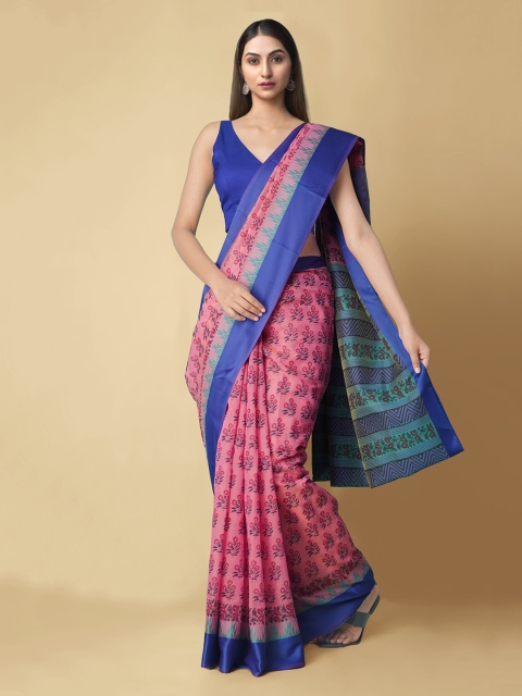 

Unnati Silks Pink & Navy Blue Silk Cotton Printed Chanderi Handloom Saree